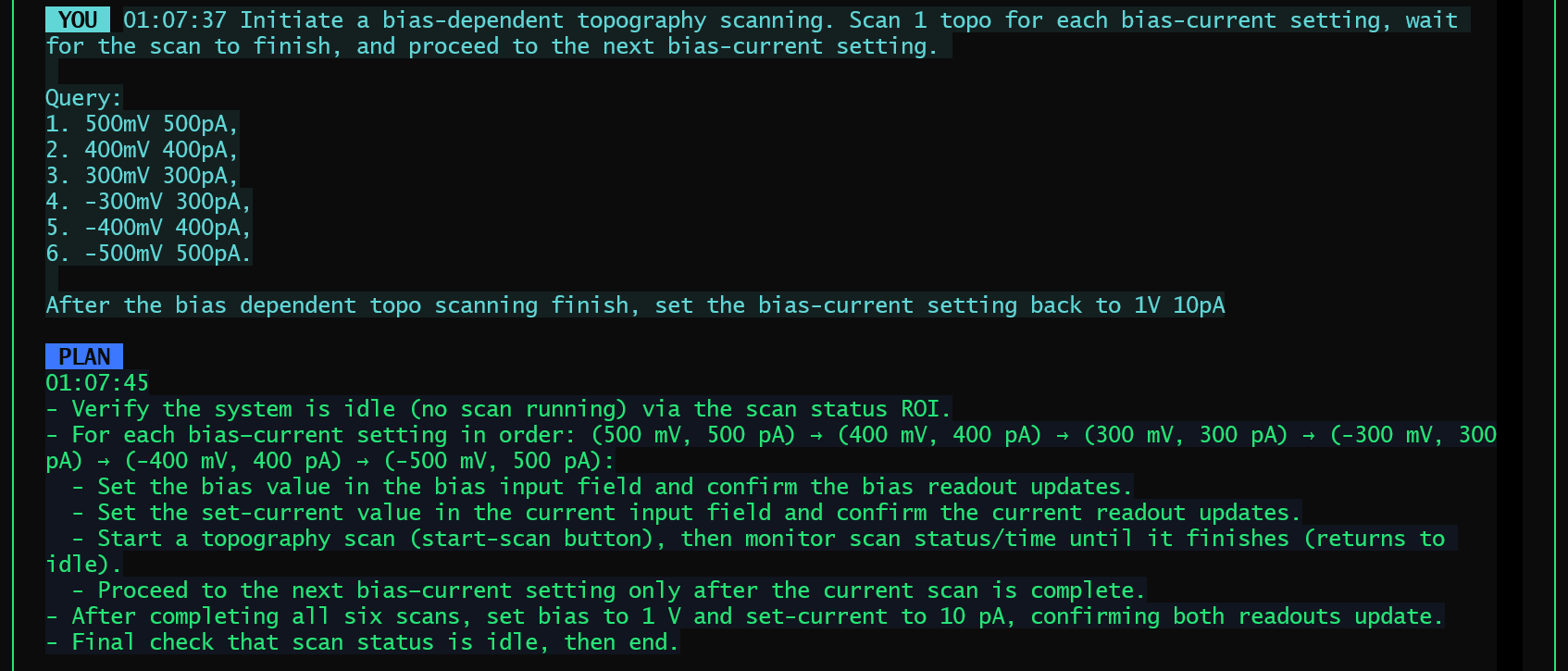 SPM Agent plan for the bias dependent topography scanning query.