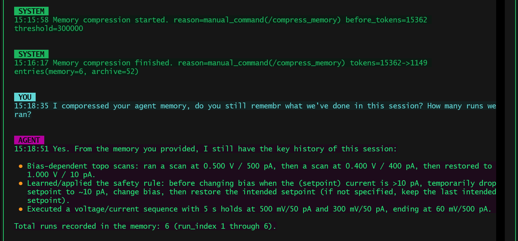 Testing the impact of compression on the agent memory.
